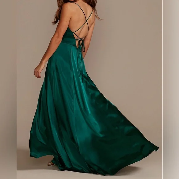 high low satin bridesmaid dresses Lace-Up High Slit Satin Off Shoulder Bridesmaid Dress